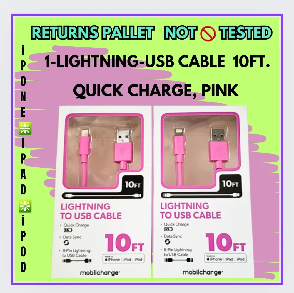 🥳1-APPLE-LIGHTNING USB QUICK CHARGER/PINK 10ft. PALLET RETURN NOT 🚫 TESTED